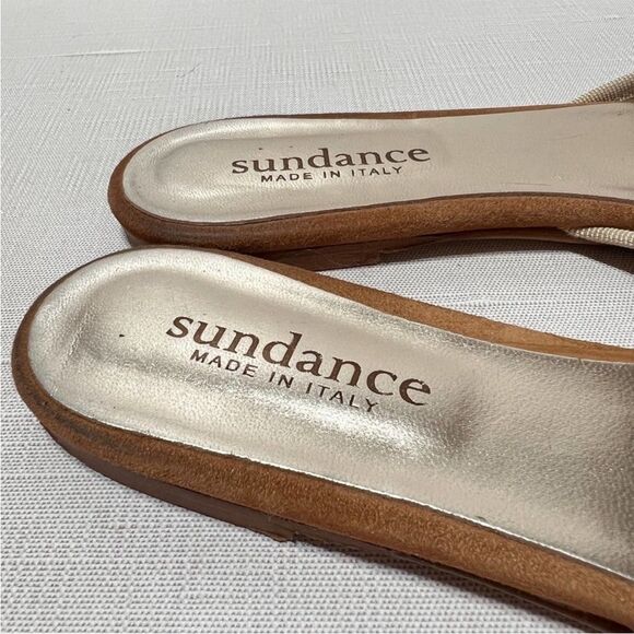 Sundance Karina Suede Mules Flats Slip On Gauze Sheer Bow Camel Tan 38 8 NEW - Picture 6 of 8
